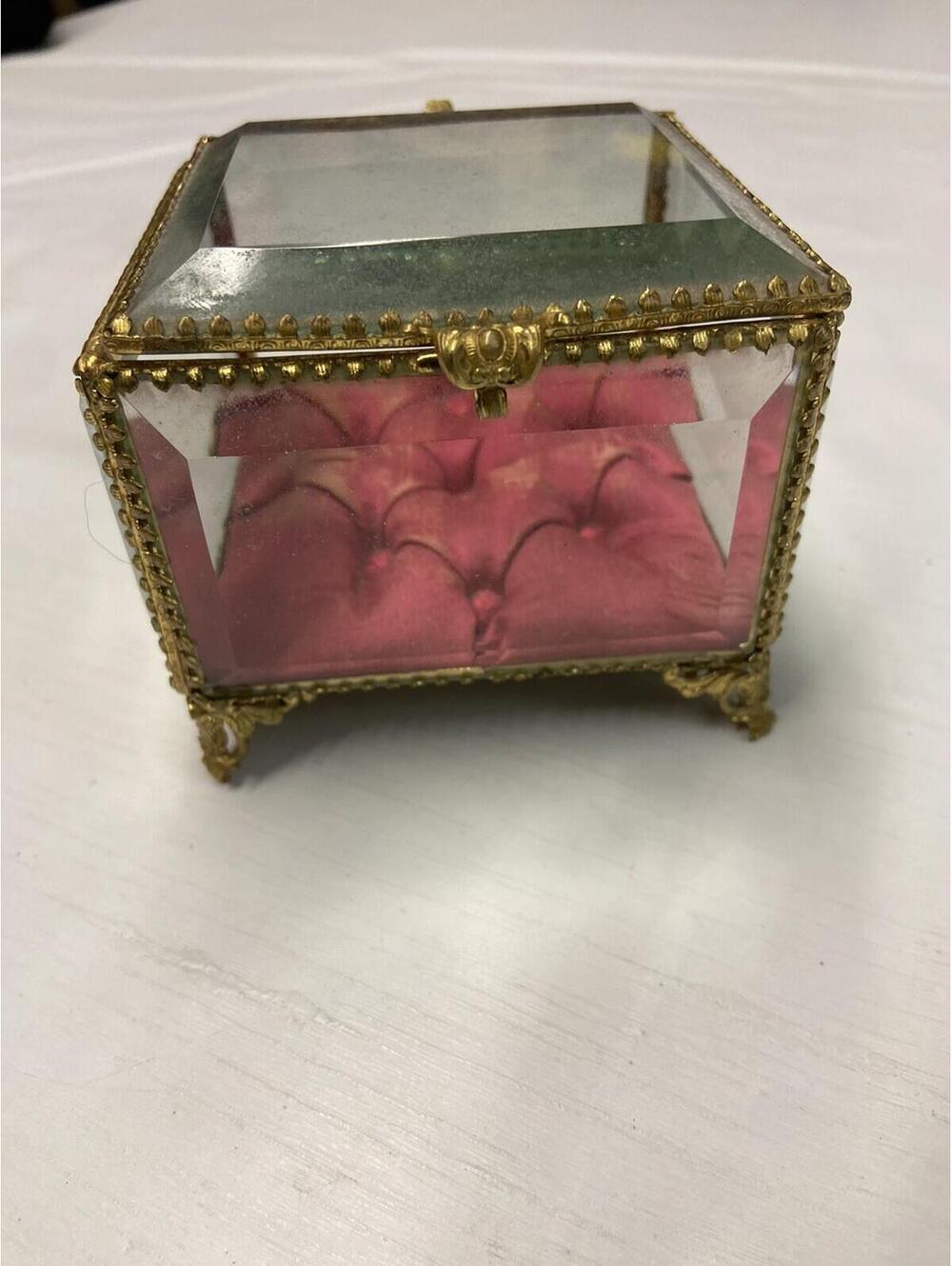 Vintage Antique 19th Century Gold Beveled Glass Jewelry Box